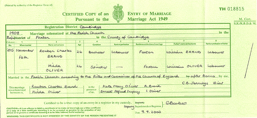 Reuben Brand and Hilda Oliver - Marriage Certificate