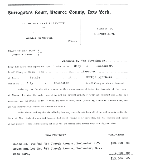 Transfer Tax Deposition, Estate of Derkje Nyenhyuis, 1913 - page 1